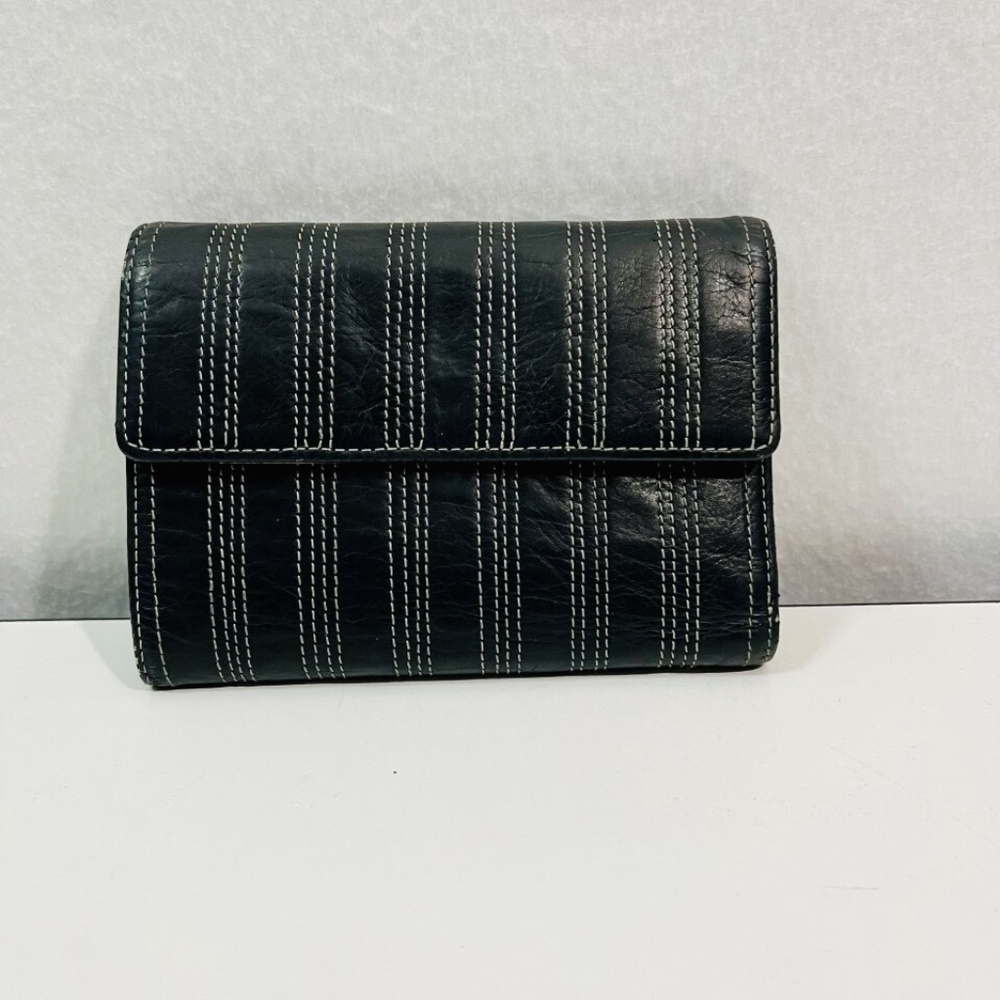 Vintage Tusk Black Leather Wallet White Stitched Detail Tan Interior READ
